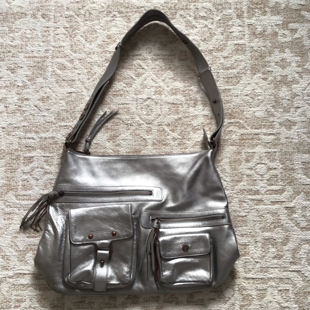 CBGB Silver Leather Shoulder Bag